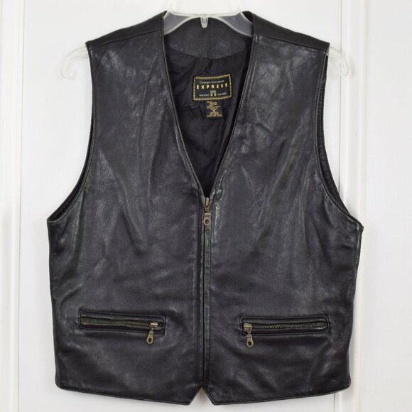 Express Campagnie Internationale Leather Vest Women Medium Black Y2K Goth Biker - Picture 1 of 16